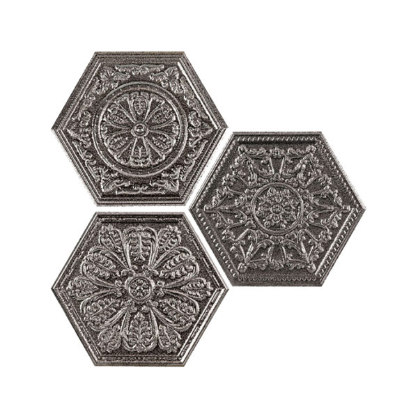 ZINC SILVER MIX DECOR 25x29cm strieborný matný obklad v tvare hexagonu s dekoratívnym vzorom